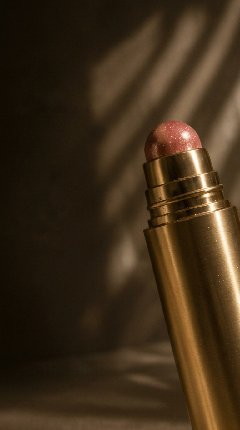Macro view of a Pearl roll-on liquid makeup applicator — a shimmering rose-pink ceramic dome set into a hand-finished brushed brass vessel, lit by warm directional light against a soft shadowed backdrop