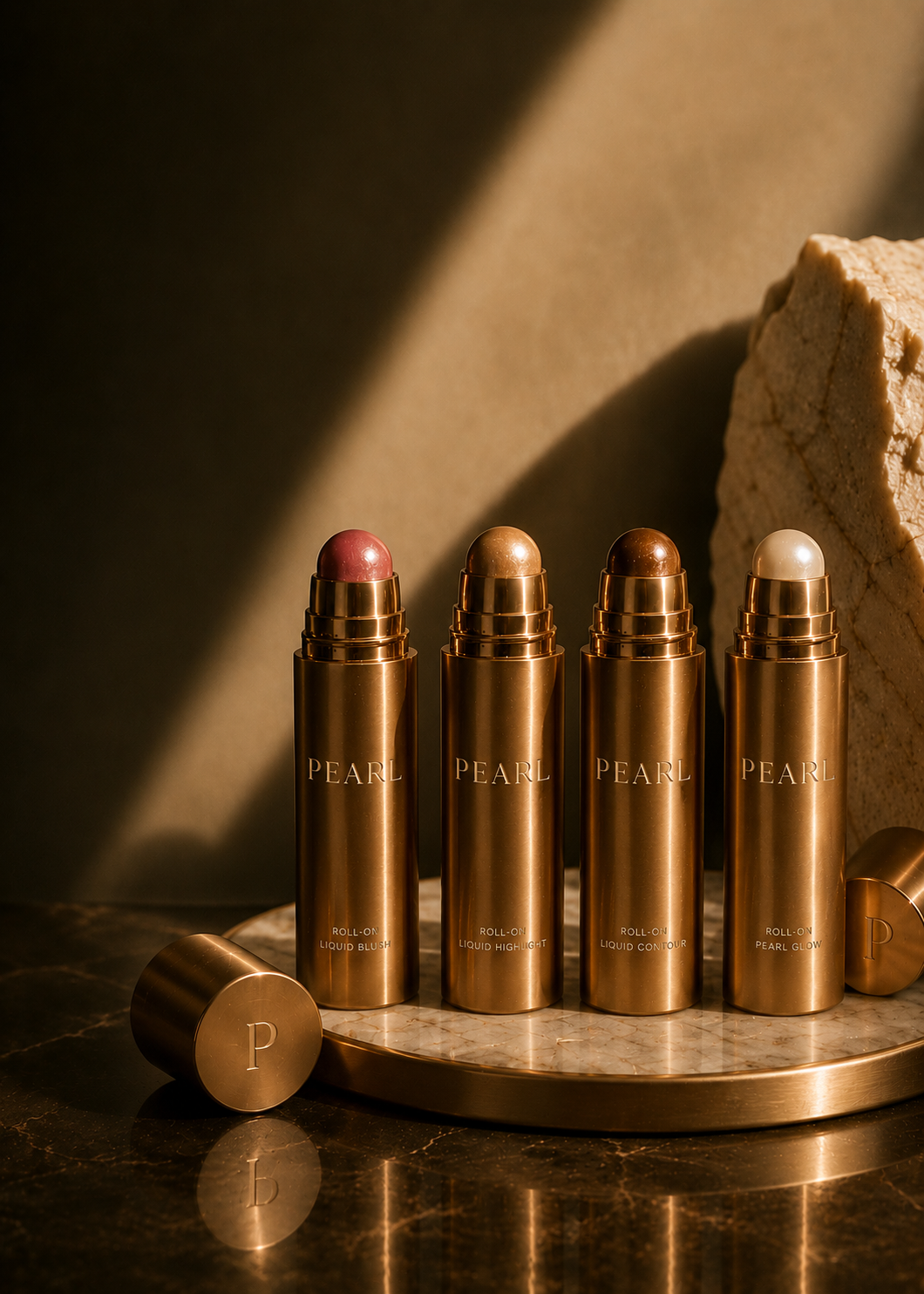 The four Pearl roll-on liquid products lined up on a marble plinth