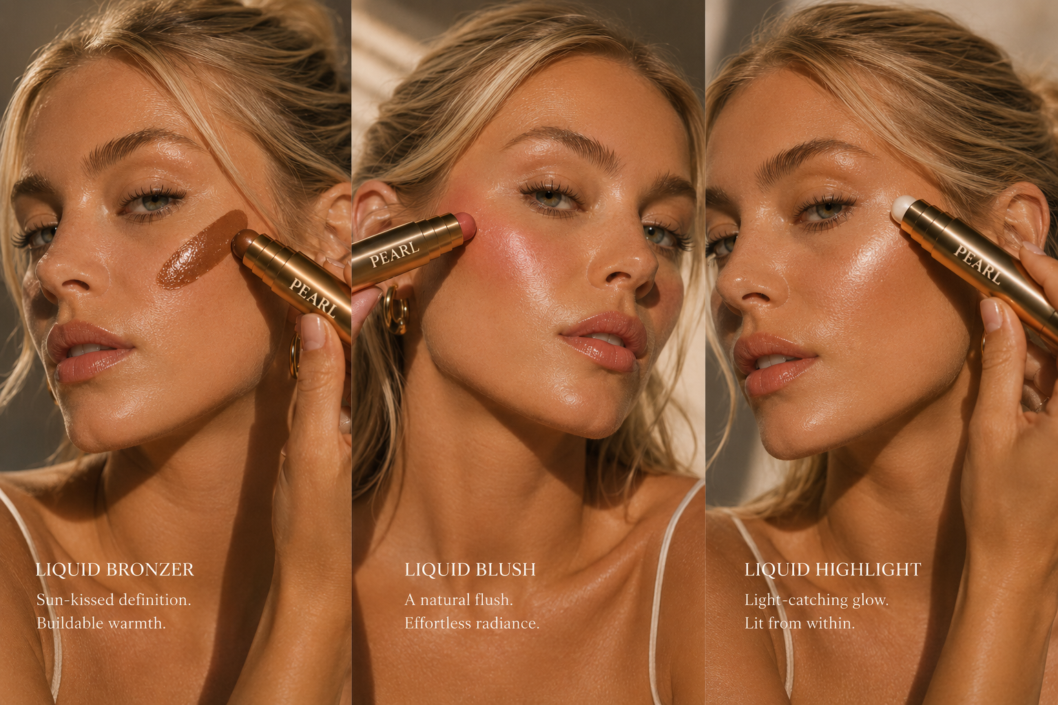 Model wearing Pearl roll-on liquid bronzer, blush and highlight for a sun-kissed, luminous glow