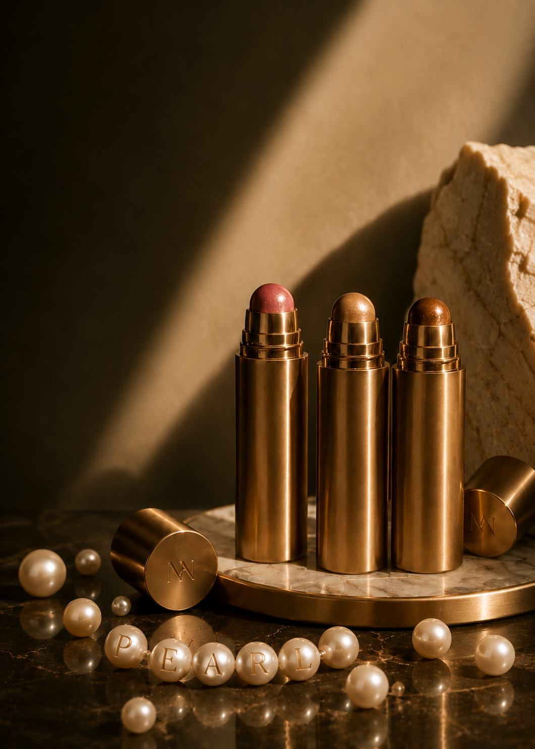 Pearl roll-on liquid blush, highlight and contour in brushed brass vessels